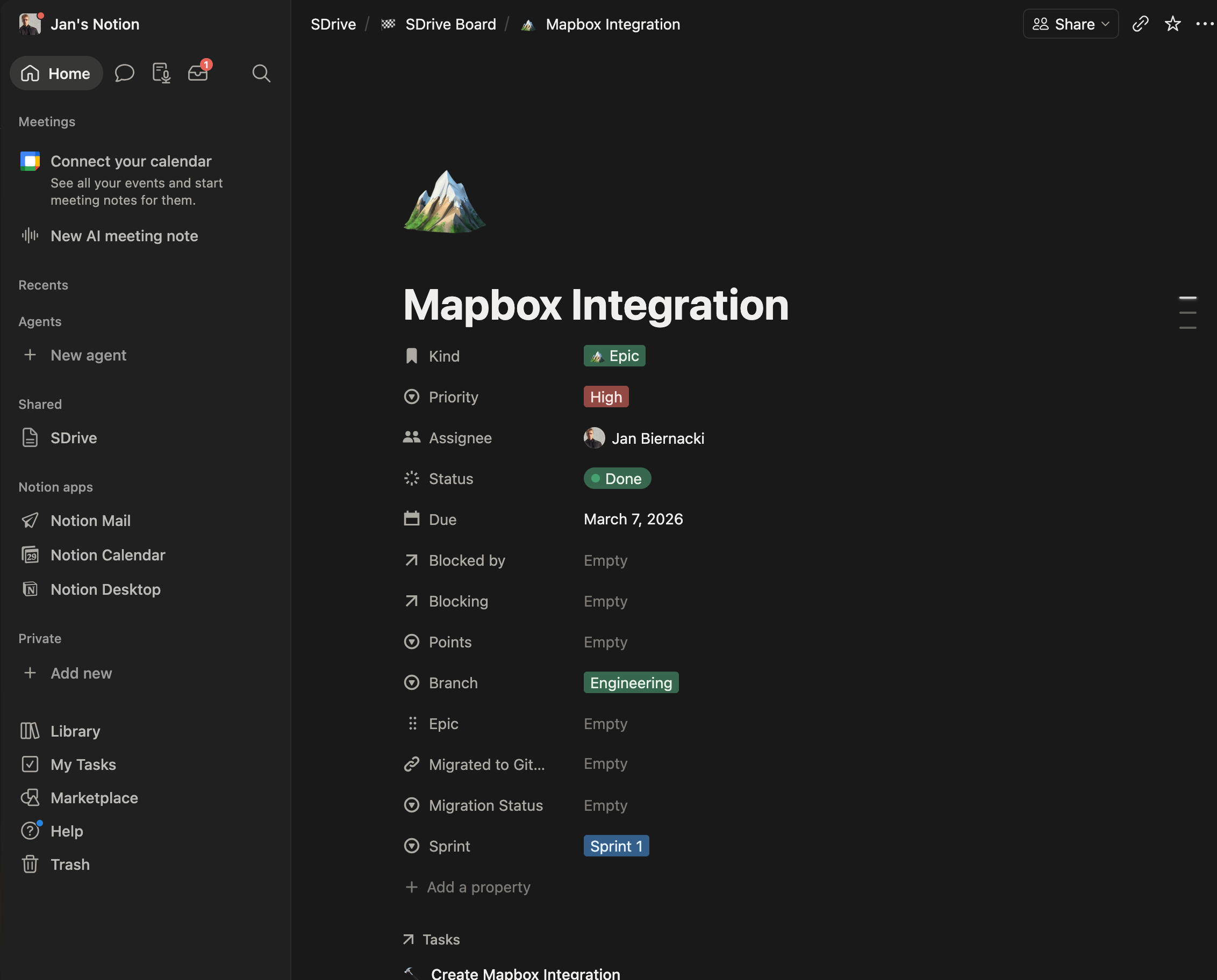 A dark Notion project page showing a Mapbox integration task with priority, assignee, status, due date, and sprint fields
