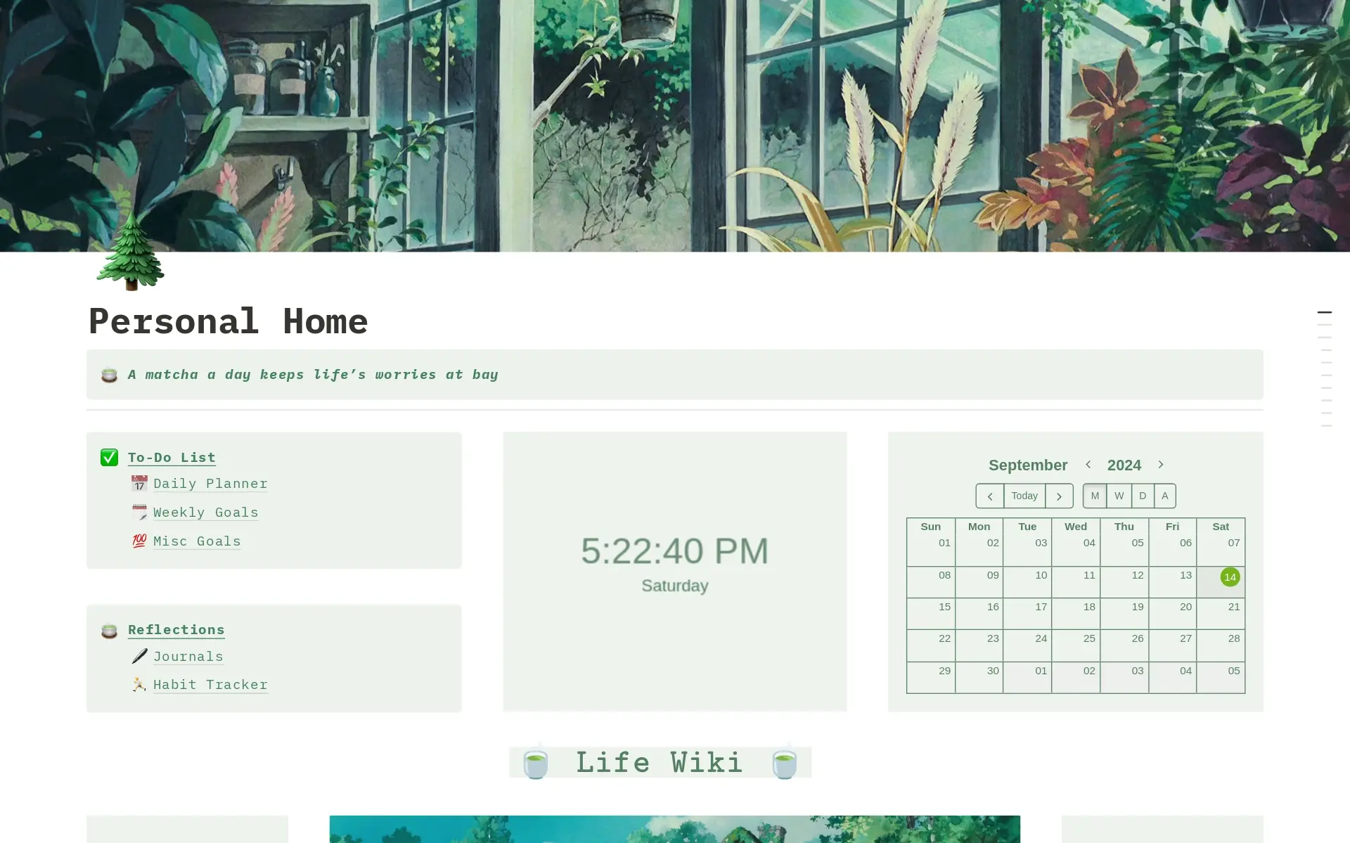 A soft green personal Notion dashboard with tasks, reflections, a clock, and a calendar